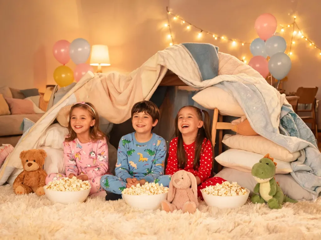 Kilkulatki w kolorowych pidżamach bawią się na dywanie z popcornem i pluszakami w przytulnym pokoju z namiotem z koców.
