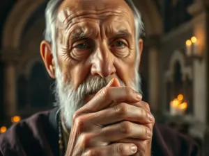Mężczyzna w skupieniu składa dłonie do modlitwy w oświetlonym świecami wnętrzu kościoła.